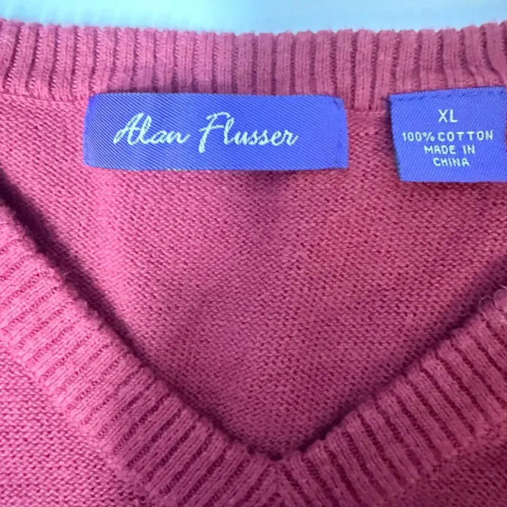 Alan Flusser Men's XL‎ Sweater Vest Pullover Knit V-Neck Cotton Red Diamond